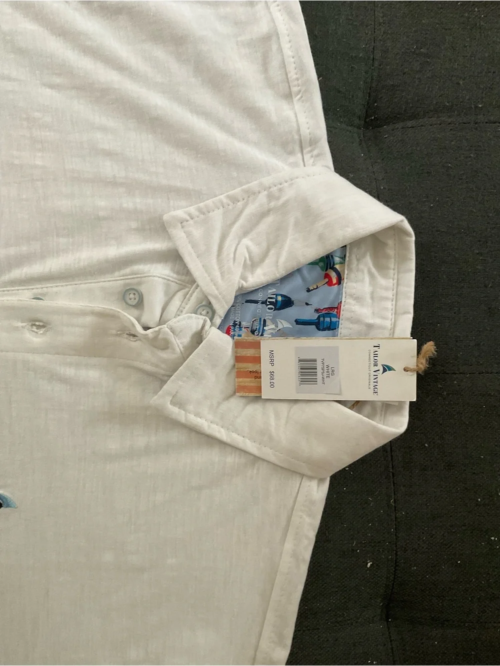 Men's White Short-Sleeve Polo with Patterned Collar Accent